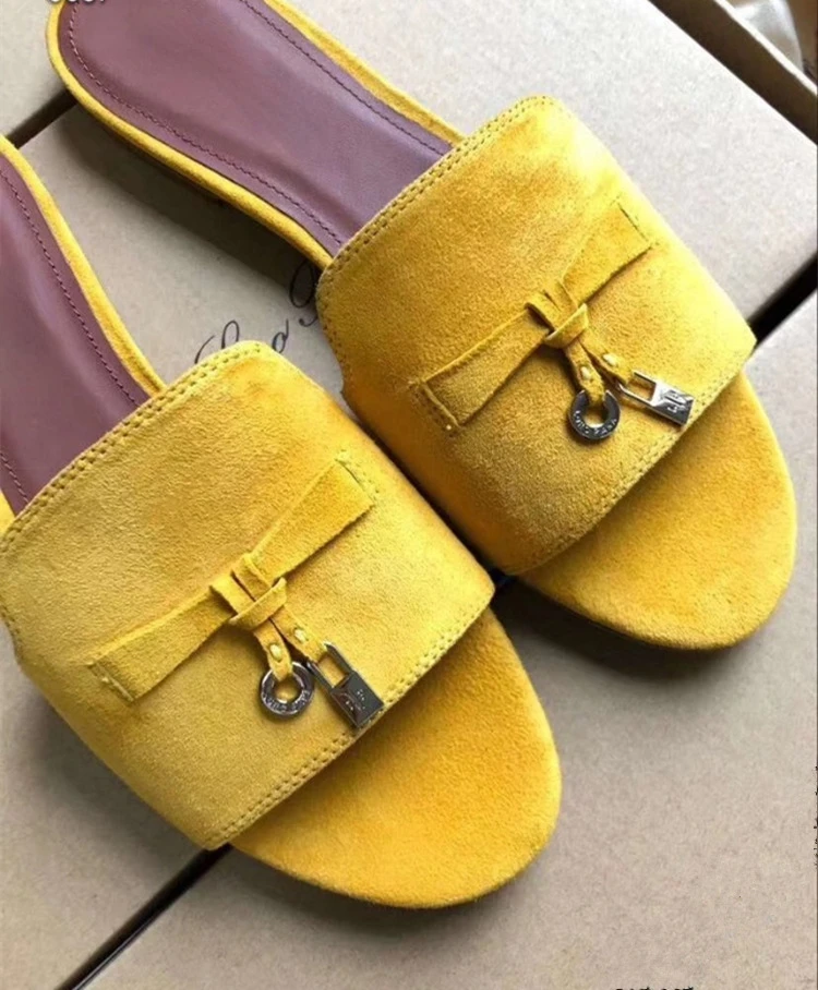 Ostrich Leather Flat Slippers Women Metal Lock Casual Mules Ladies Flip Flops Flat Sandals Slip On Beach Slides Woman Slippers