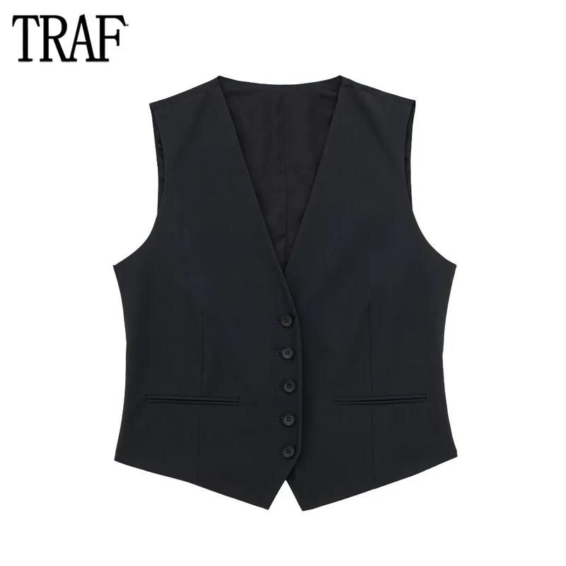 

TRAF 2023 Sleeveless Vests for Women Button Basic Jacket Women Autumn Asymmetric Waistcoat Women Streetwear Cropped Vest Woman