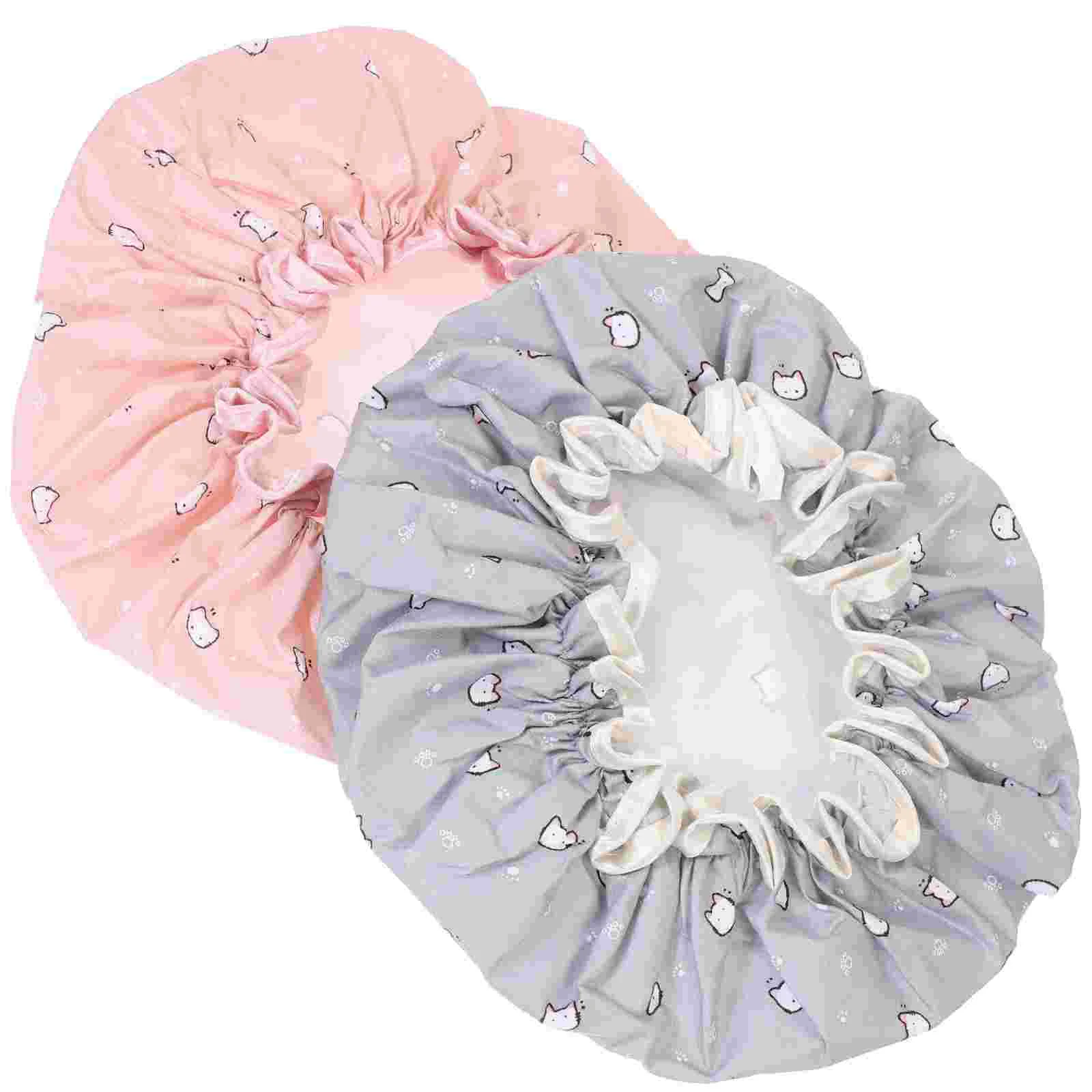 

2 Pcs Girl Elastic Shower Cap Women's Hat Bathing Polyester Fiber Caps Reusable