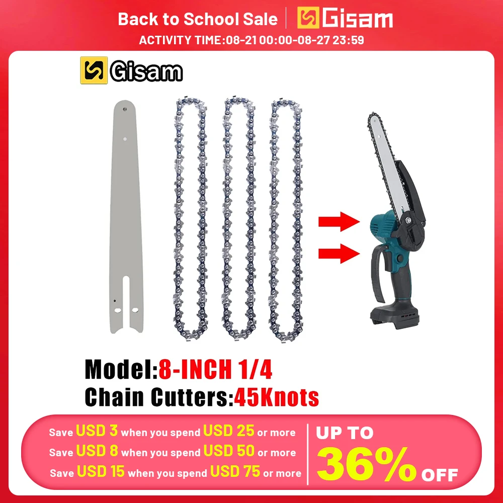8 Inch Chainsaw Guide Bar And Saw Chain Set 45 Drive Link Electric Saw 1/4''P for Brushless Electric Saw Wood Cutter Spare Chain