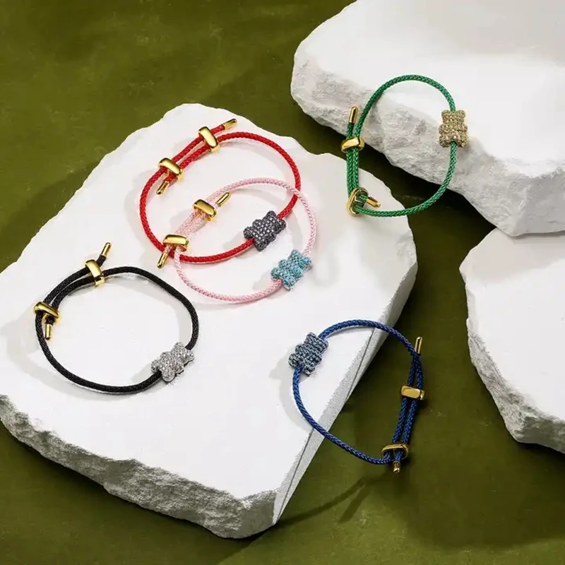 

5Pcs Cute girls jewelry neon rope bracelet charm color zircon bear Adjustable rope bracelet for women and girls