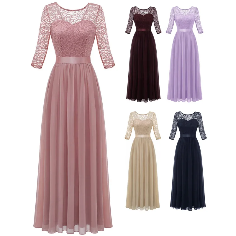 Lace and Chiffon Elegant Party Dress for Women with Sleeves A-line Sash Floor Length vestidos para señoras de 50 años elegantes