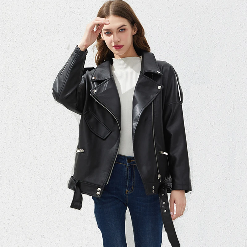 

Spring PU Faux Leather Jacket Women Loose Casual Biker Jackets Sashes Female Black Outwear Street Wear Hot Fashion New 2022