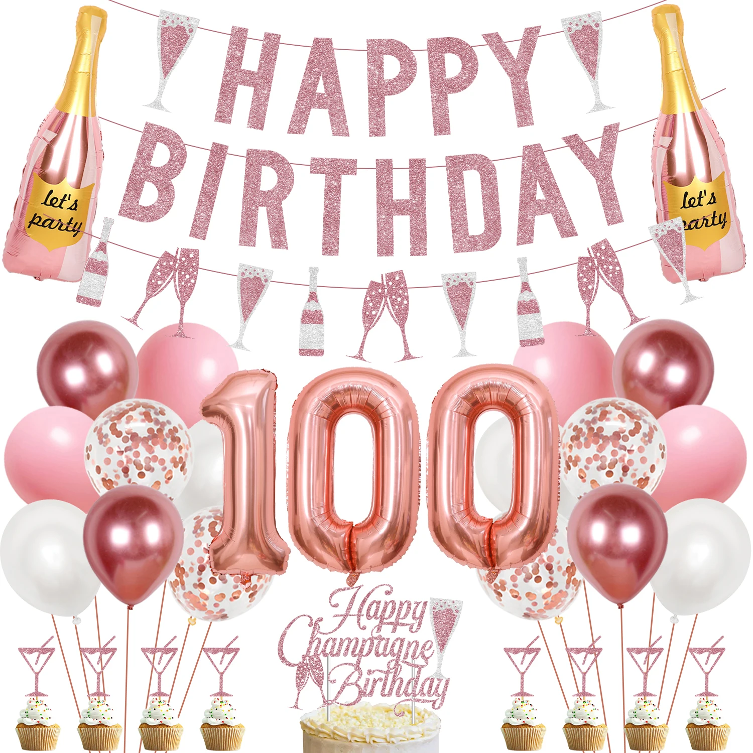 

Champagne 100th Birthday Decorations Pink Banner Cake Topper Rose Gold Confetti Balloons for Women Fabulous Birthday Supplies