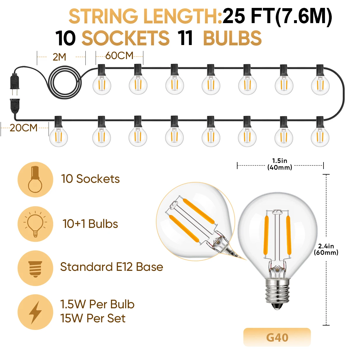 

Grensk водонепроницаемые светодиодные гирлянды G40 тёплый белый 7.6М 10 лампочек