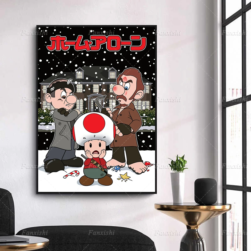 

Mario Home Alone Poster Wall Art Japanese Mashup Print Retro Canvas Painting Games Pop Culture Parody Home Decor For Boy Gift