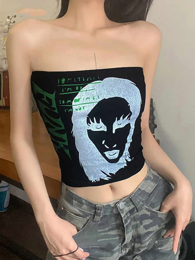 

2022 Retro Cyber Y2k Print Off Shoulder Women Tube Tops Punk Gothic Aesthetic Bodycon Casual Crop Top Backless Summer Streetwear
