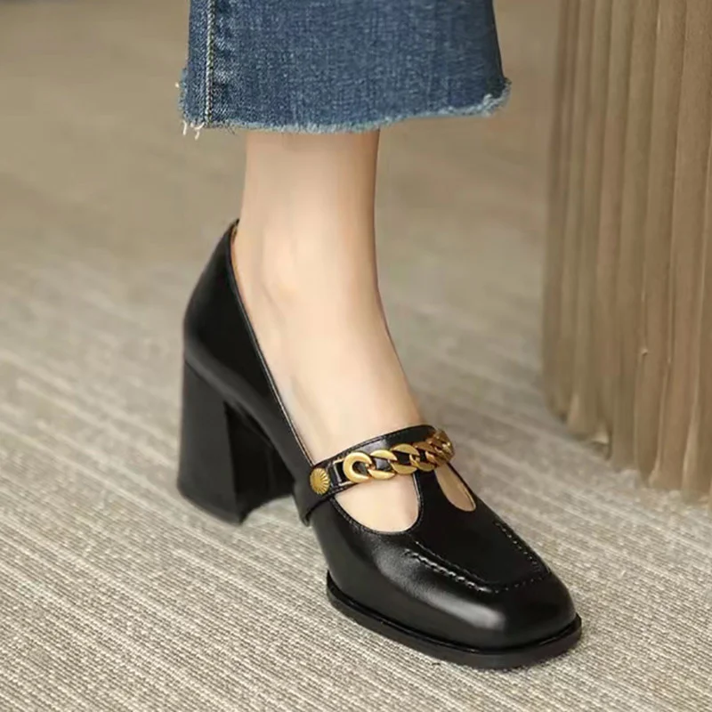 

Женские туфли-лодочки на высоком каблуке, квадратный носок, без застежки, на цепочке, Туфли Мэри Джейн, осень