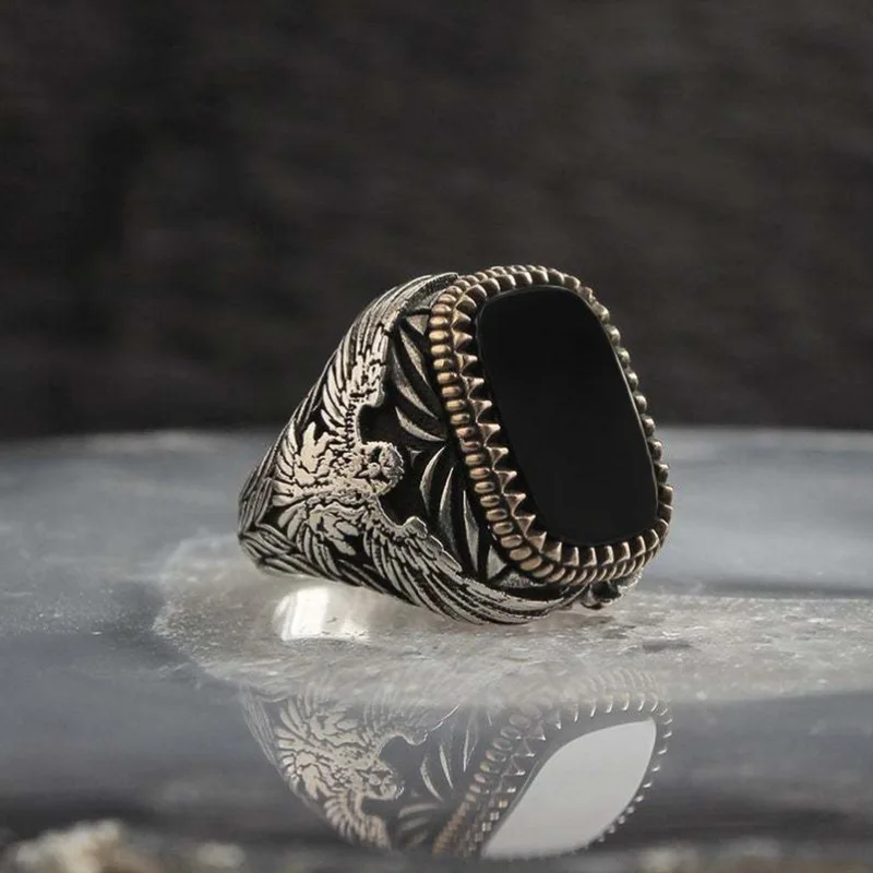 

Retro Handmade Signet Turkish Men Ring Vintage Trendy Two Tone Inlaid Black Zircon Metal Eagle Punk Rings Wedding Party Jewelry