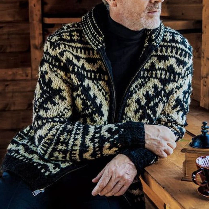 

Streetwear Mens Sweater Jackets Autumn Fashion Pattern Knitting Sweatercoats For Men Winter Casual Lapel Zipper Knitted Jackets