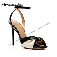 moraima snc black and white bow knot sandals women thin high heels shoes ankle buckle peep toe women stilettos heels sandals