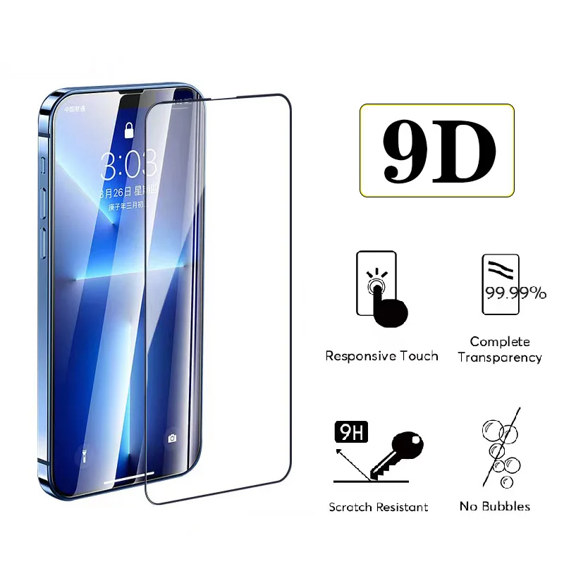 

9D Large arc Tempered Glass For 14 13 11 Pro Max X XS XR 12 mini Screen Protector For iPhone 7 6S 8 14 Plus Full Coverage Glass