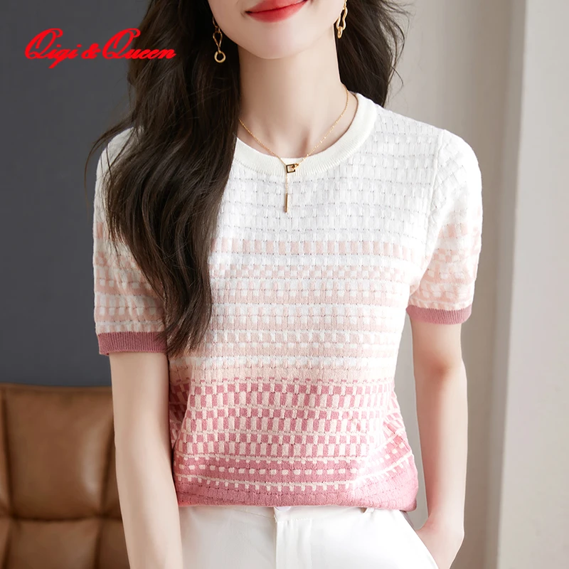 

Qiqi & queen летние женские корейские модные трикотажные рубашки с круглым вырезом женские блузки рабочие повседневные топы элегантные свободные блузки