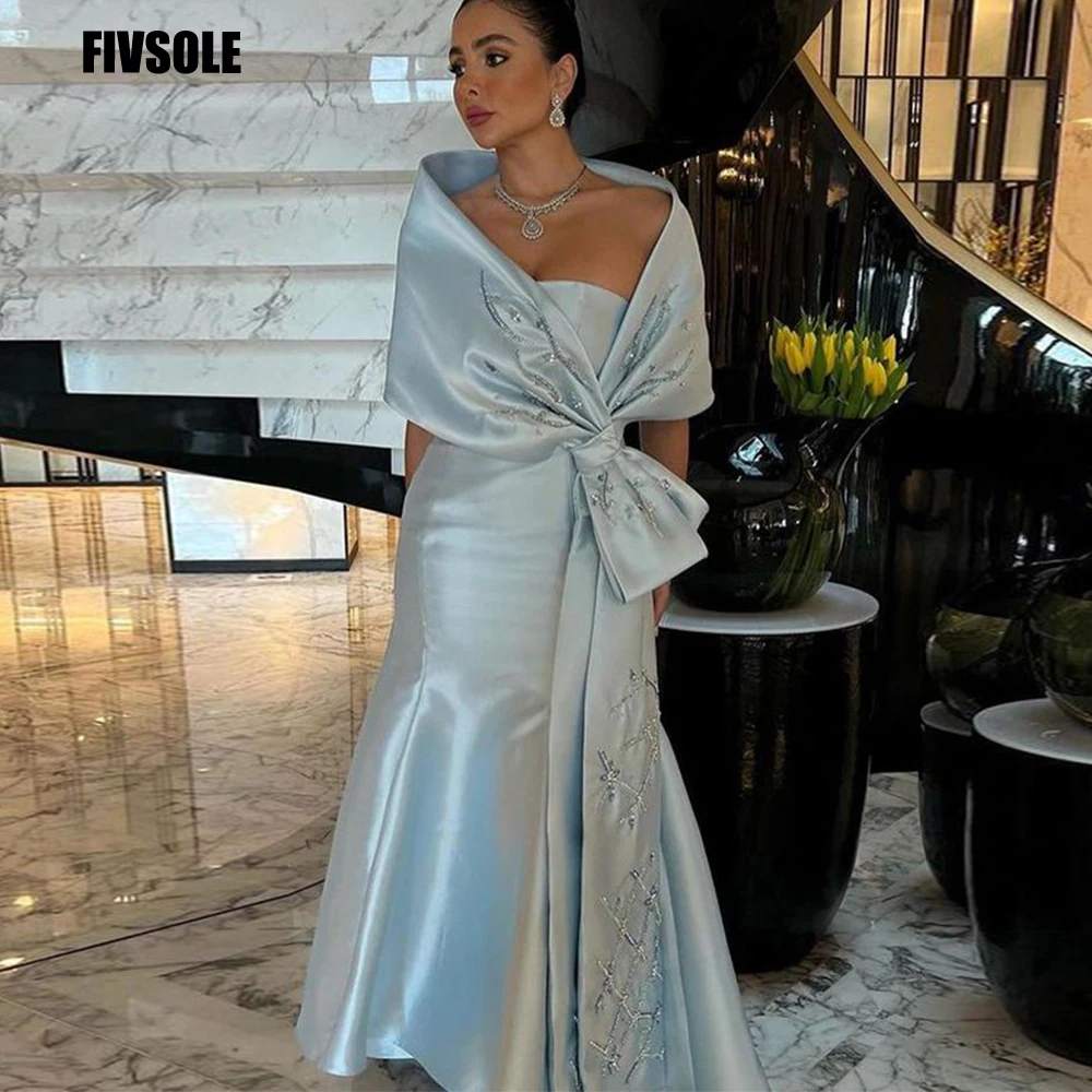 

Fivsole Arabic Evening Dresses Sky Blue Satin Mermaid Prom Gown Party Dress Abendkleider Dubai Beadings Bespoke Occasion Dresses