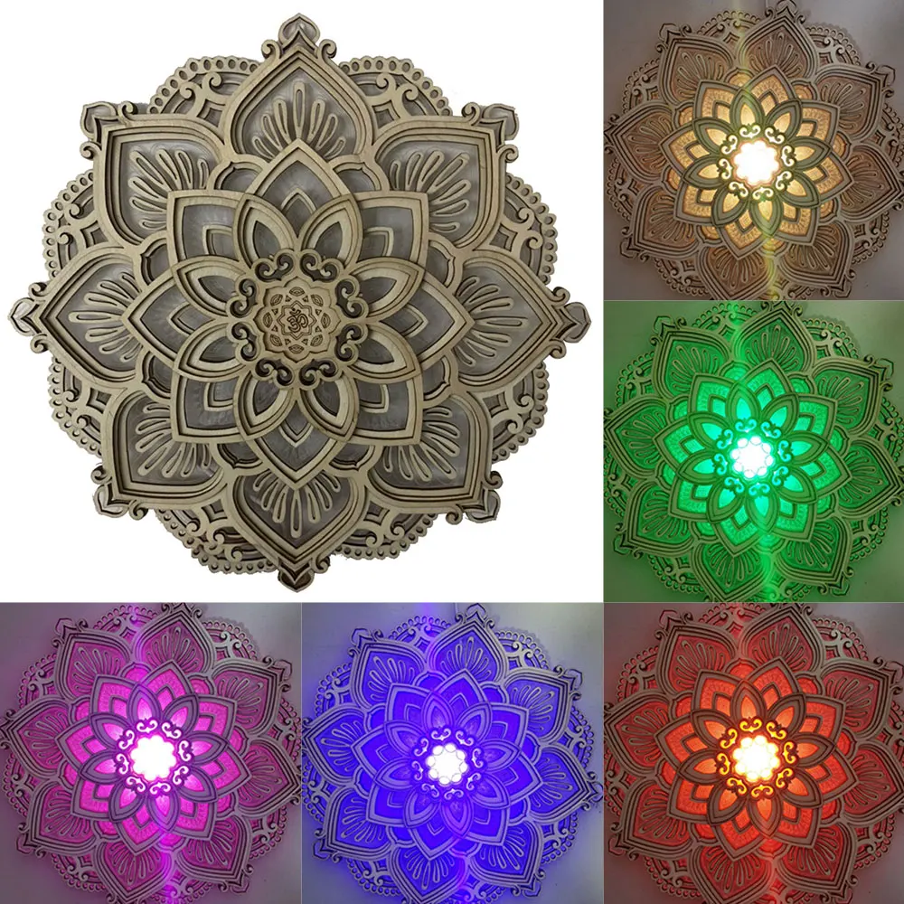 

Wooden Hollow Mandala Night Light Yoga Room LED Wall Hanging Lamp Carved Multilayered Mandala Light Home Decoration