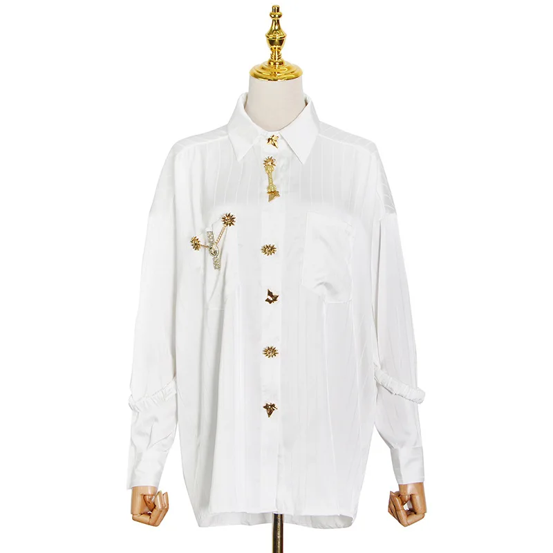 

High Street Striped Shirt Female Designer Shirt Blouse Black Chic Top Long Sleeve White Gold Boutton Luxury Brand Clothes Summer