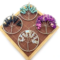silver color tree of life pendant necklace round multicolor natural healing reiki stone pendant jewelry accessories hand winding