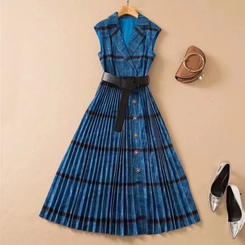 European and American women's summer 2022 new Sleeveless suit collar Fashionable blue belt pleated dress