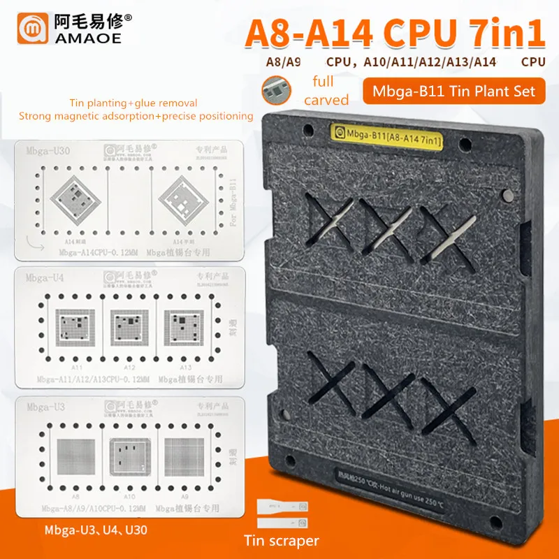 

Amaoe Mbga-B11 BGA Reballing Platform for A14 A13 A12 A11 A10 A9 A8 CPU Tin Planting Glue Remove Positioning Plate With Stencil