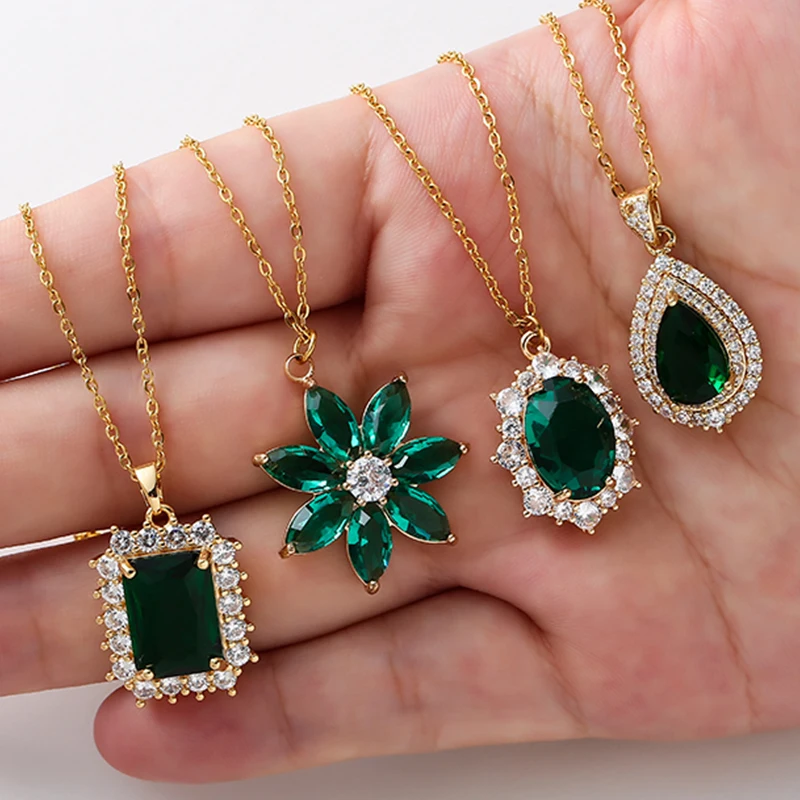 

Big Square Green Crystal Pendant Necklace for Women Hip Hop Rhinestone Tennis Necklace Bling Statement Jewelry Party Gift