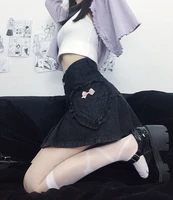 pastel goth black denim skirt women harajuku gothic high waist bow pocket kawaii pleated mini skirts e girl streetwearclothes