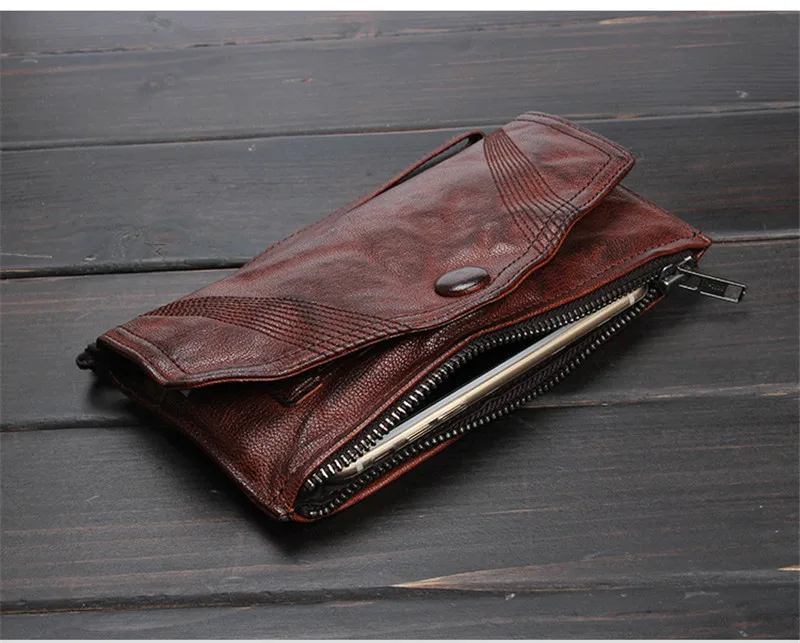 Fashion design handmade genuine leather ladies long clutch wallet vintage soft natural first layer cowhide men's phone purse