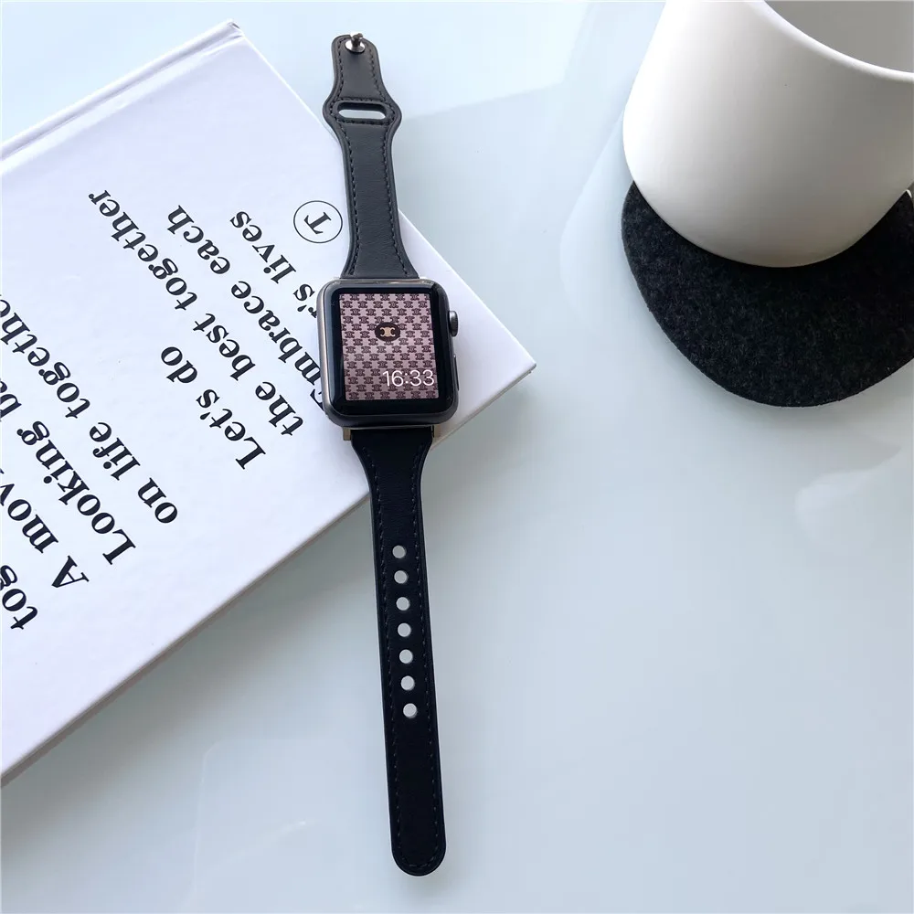 Кожаный ремешок для Apple watch band 40 мм 44 45 41 38 42 тонкий браслет часов iWatch series 7 6 5 3 8 ultra 49
