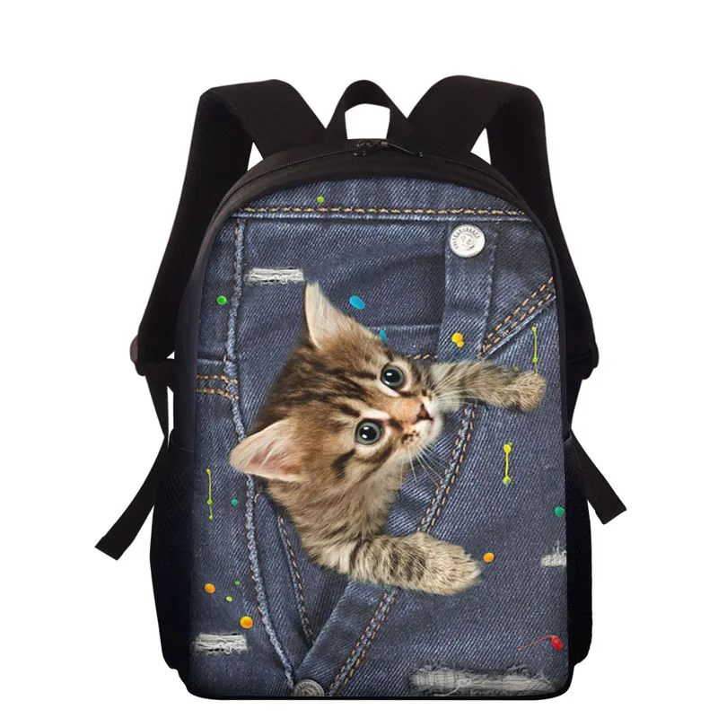 Детский рюкзак, милый джинсовый Карманный Рюкзак с 3D рисунком кошки для студентов, Детская сумка для книг для девочек, Женская дорожная сумк...