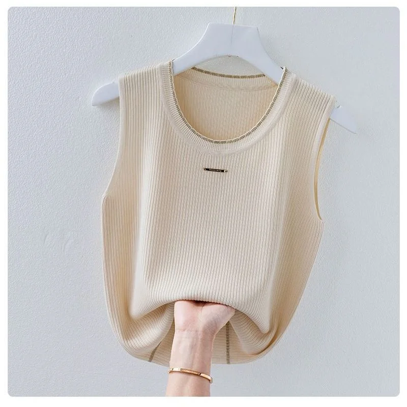 

YEMOGGY ice silk knit camisole women's Summer Camis 2022 New solid color O-neck Thin gold-lined outer wear inner bottoming shirt