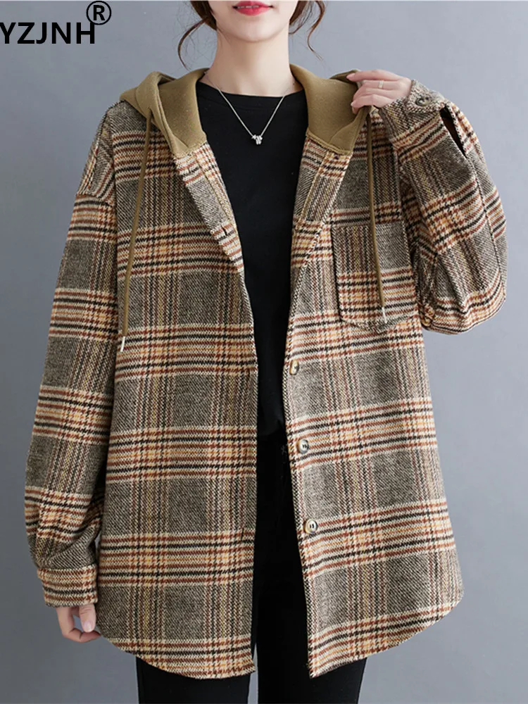 

Новинка 2023, осенне-зимнее шерстяное пальто YZJNH, Женская Корейская версия, клетчатая рубашка с капюшоном, женское большое пальто