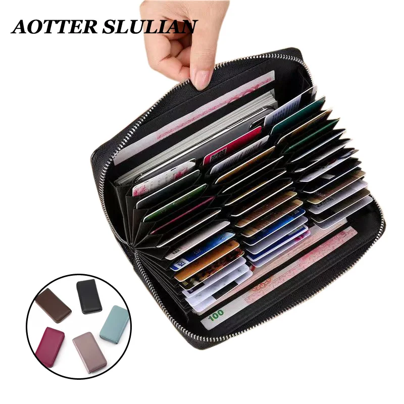 Genuine Leather Women Wallet 36 Bits Credit Bank Card Holder Storage Case Bag Unisex Men Rfid Anti-theft Zipper Money Coin Purse