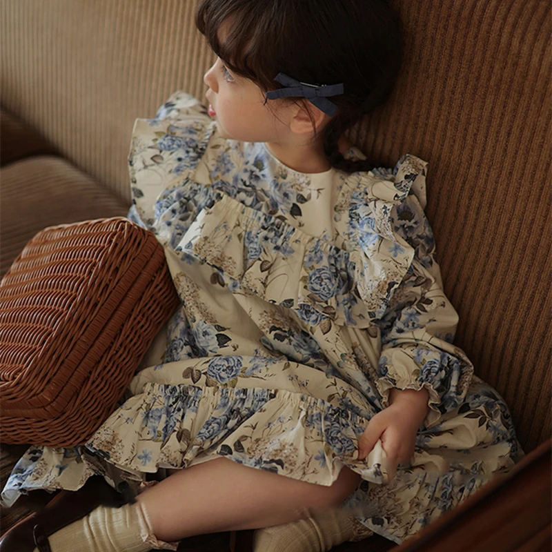 

Summer Retro Floral Dress Pastoral Kids Long Sleeve Chiffon Skirt Turn Down Collar Children Princess Baby Girls Dress