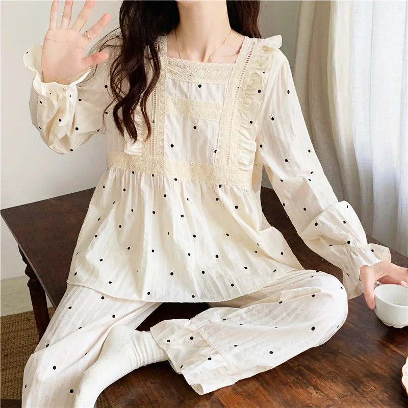 Vintage Women's Homewear Pajamas Set Sweet Lace Print Full-Sleeve Big Size Pyjamas Top Clothes Japanese Princess Style