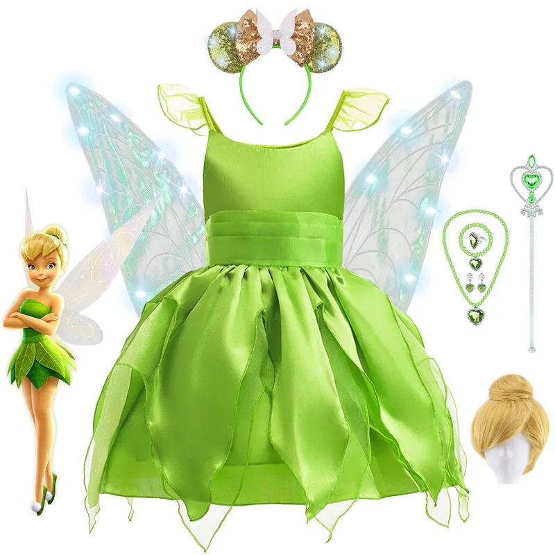 Disney Tinker Bell Dress with LED Princess Girl Dress Kids Elf Fairy Costume Butterfly Glowing Wings Set Christmas Party Clothes