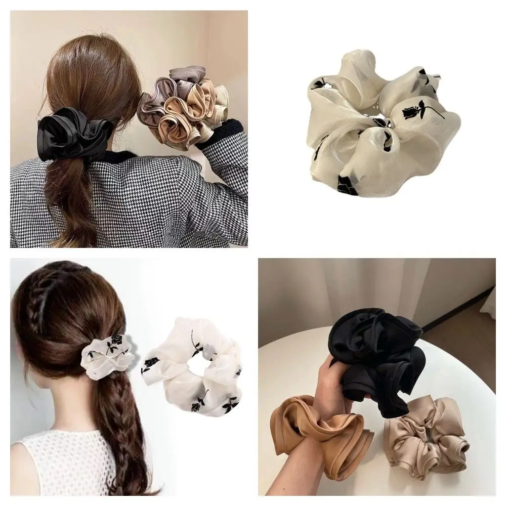 Ruffles Satin Luxury Rose Pattern Scrunchies Rubber Band Women Hair Rope