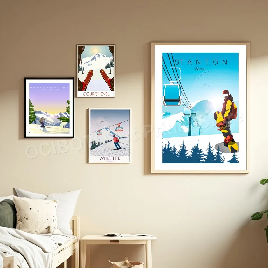 Зимние горнолыжные курорты Франция Альпы Стэнтон Снежная гора кабельные постеры