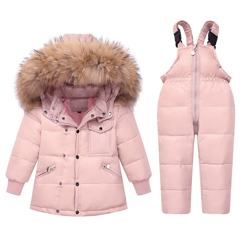 

Winter children' suit Kids black down jacket + warm down pants two-piece set Girls pink cold protection thick suit Baby snowsuit