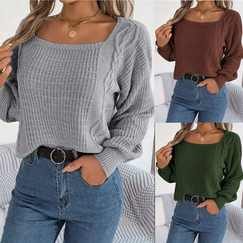

2023 fashion women's square neck twist sweater women's knitwear pullover top