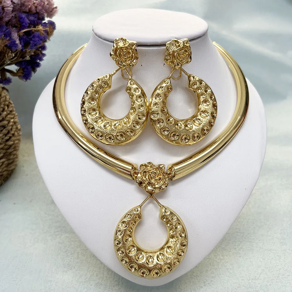

Hoop Earrings and Pendant Jewelry Set for Women Copper Necklace Gold Plated Morocco Jewelry for Lady Clothing Wedding Party Gift