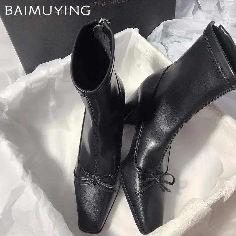 Женские ботильоны на высоком каблуке с бантом элегантная кожаная обувь