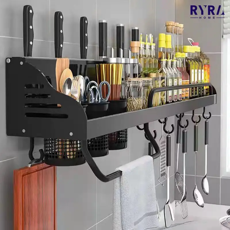 

Punch-free Kitchen Storage Shelf Wall-mounted Kitchen Organizer Spices Aluminum Multifunctional Kitchen Shelf Kitchen Accessorie