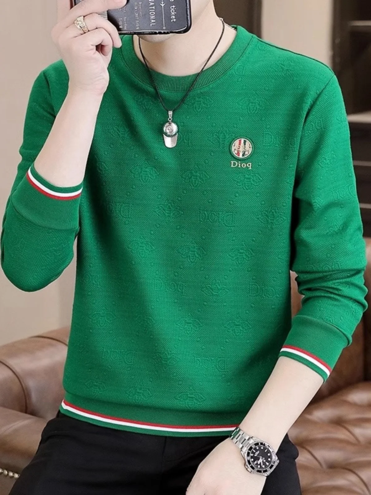  T-shirt Men's Long sleeve Spring and Autumn New High end Print Solid Bottoming Shirt round Neck Casual