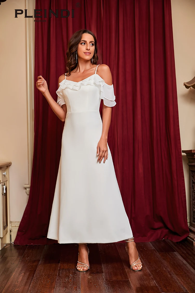 PLEINDI Luxury Evening Dresses Boat Neck Spaghetti Strap A-shaped Floor-Length Chiffon 2022 New of Ruched Exquisite Prom Dress