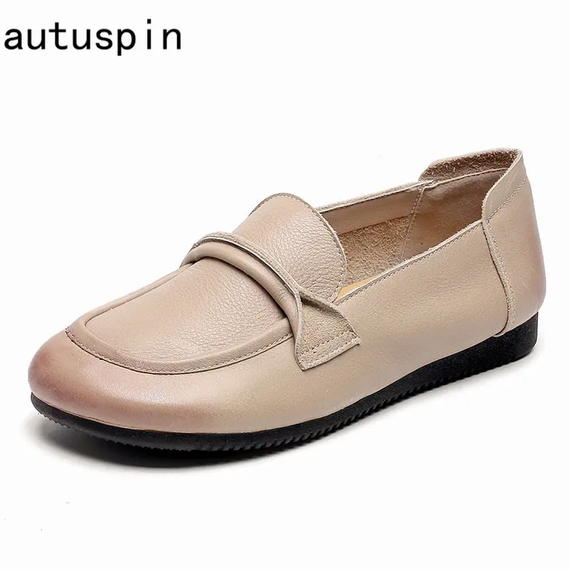 

Autuspin Four Season Women's Flats Retro Genuine Leather Round Toe Lazy Shoes Women Outdoor Working Leisure Loafers Cow Leather