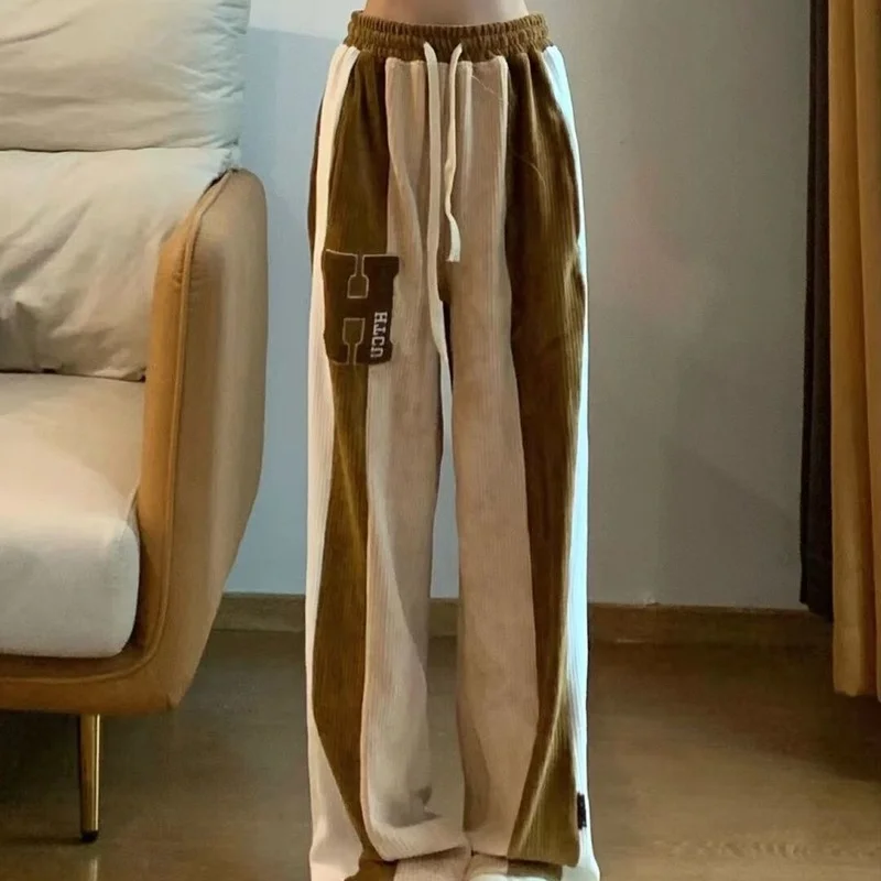 

Corduroy Wide-leg Pants Women's Loose Casual Stitching Towel Embroidery High-waisted Straight Drapey Mopping Trousers