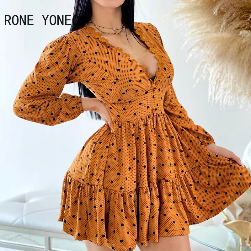 

Женское мини-платье в горошек, с V-образным вырезом и длинными рукавами