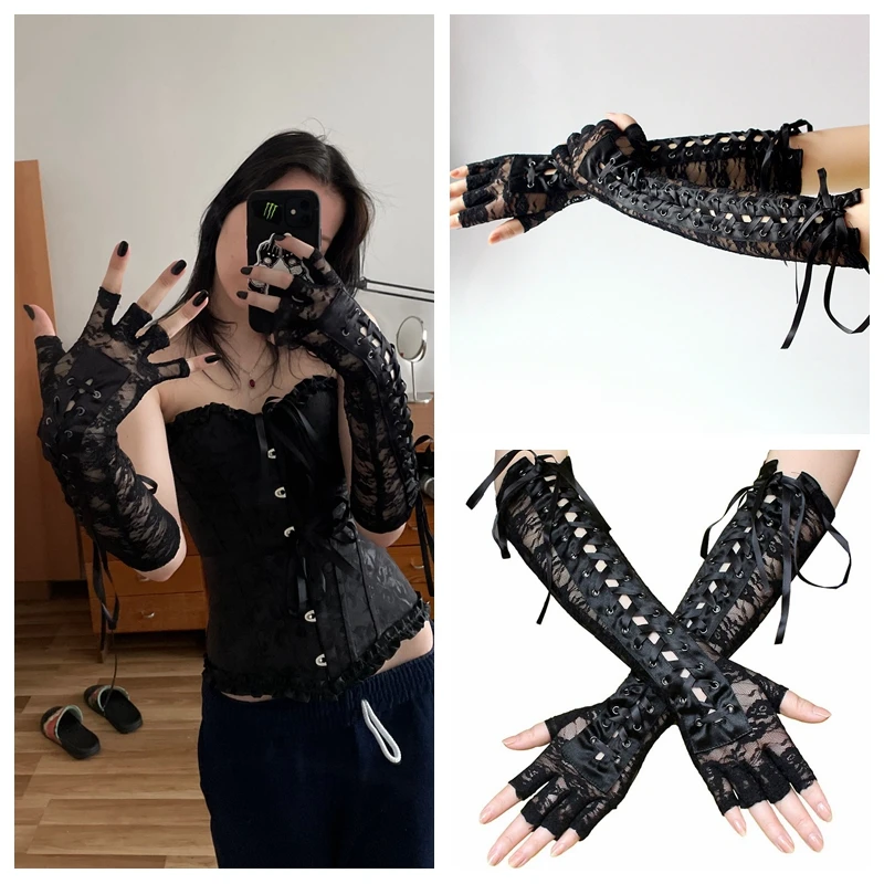 

1Pair Black Lace Long Gloves Lace-up Ribbon Punk Hip Pop Elbow Fingerless Mittens Half Fingers Gothic Cosplay Party Clubwear