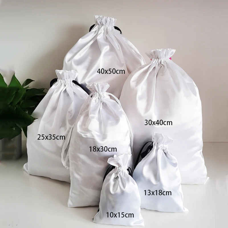 

Белая атласная сумка для наращивания волос с логотипом под заказ, гладкая лента, карман для хранения обуви, одежды, 50p