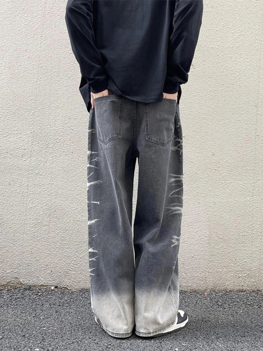 Four Seasons European and American Tie Dye Jeans Men's High Street Vibe Straight Loose Pants Wide Leg Pants Fashion Streetwear