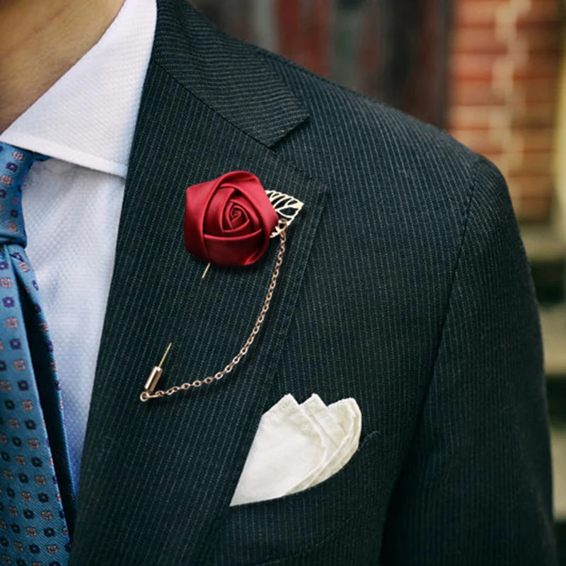 

1PC Ribbon Rose Flower Golden Leaf Brooch Pin Suit Lapel New Men Wedding Boutonniere Brooch Fashion Jewelry Clothes Accessories